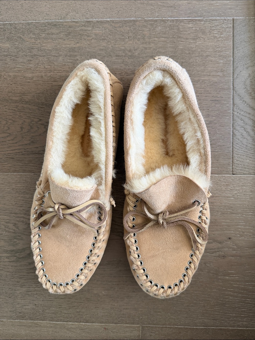 Freda Salvador Tan Suede Moccasin Slippers with Fur